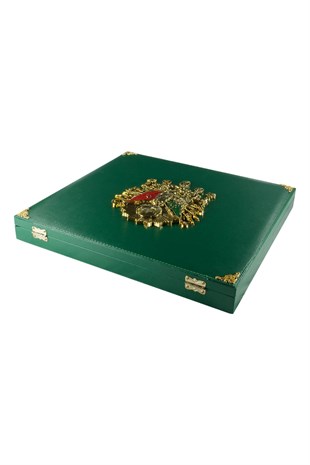 Yeşil Renk Koleksiyonluk 11'li Osmanlı Devlet Armalı Deri Tesbih Kutusu